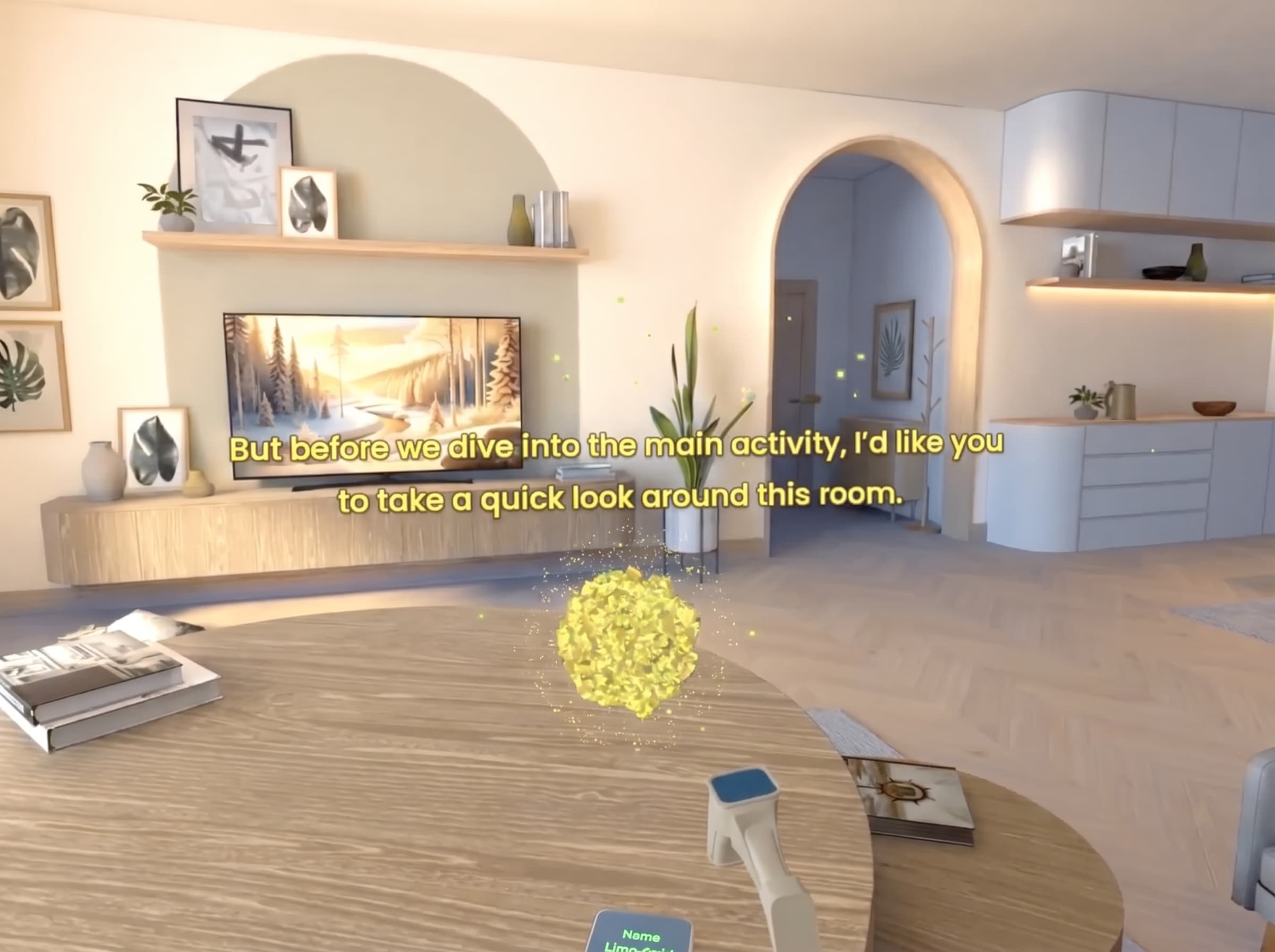 A modern living room set up for an at-home VR exercise session